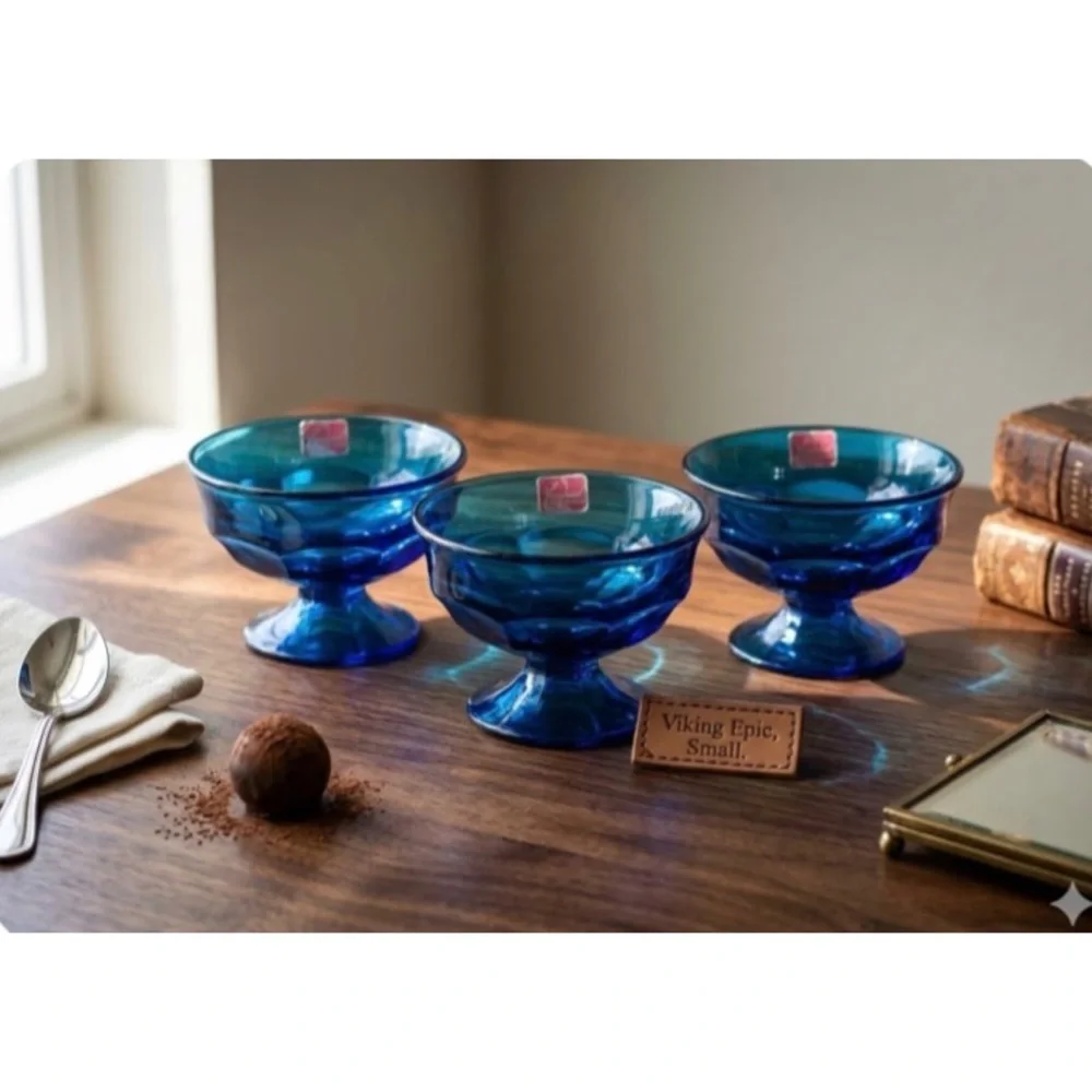 3 Viking Glass Bluenique Georgian Thumbprint Footed Blue Glass Dessert MCM Bowls